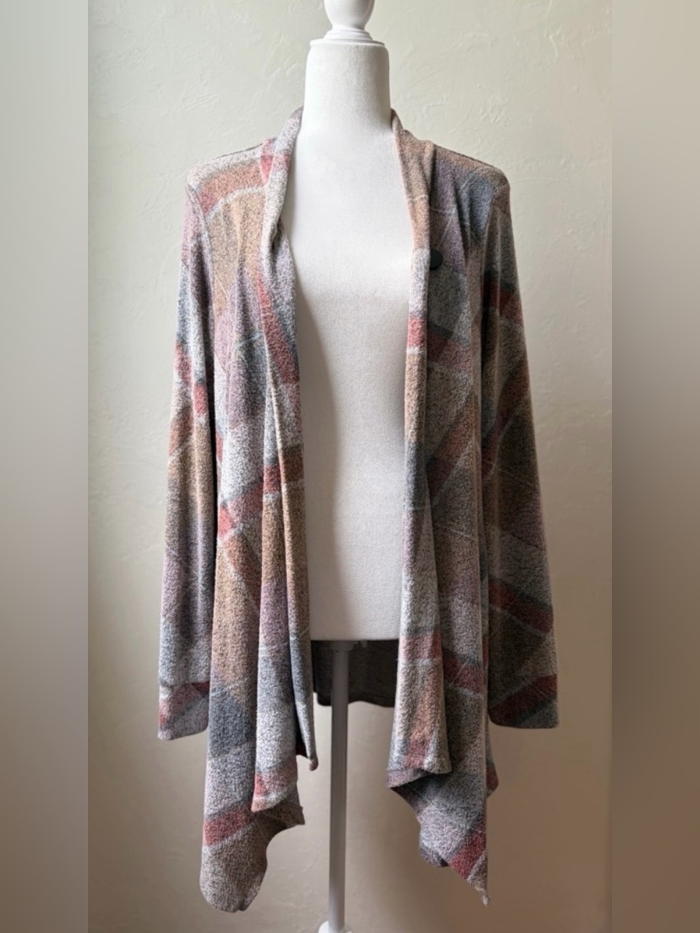 Soft Surroundings Plaid Knit Cardigan Drape Asymmetrical Pockets Size L